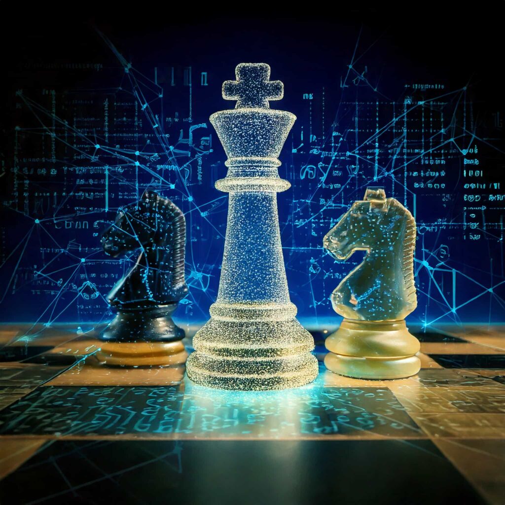 Futuristic chessboard with digital elements.